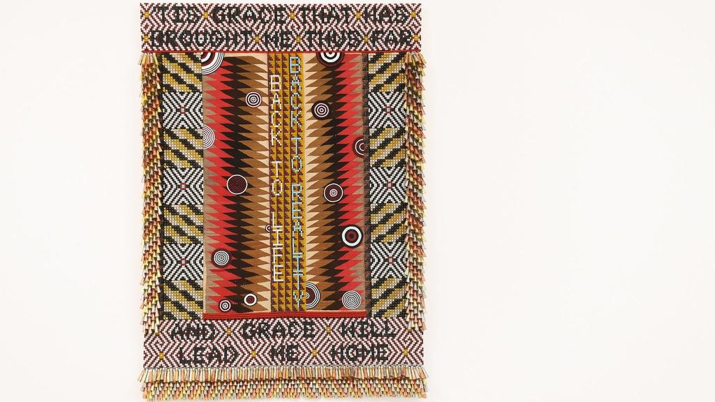 Jeffrey Gibson's "Amazing Grace," 2017, glass beads, artificial sinew, trading post weaving, steel studs, copper and tin jingles, acrylic felt, canvas, wood.