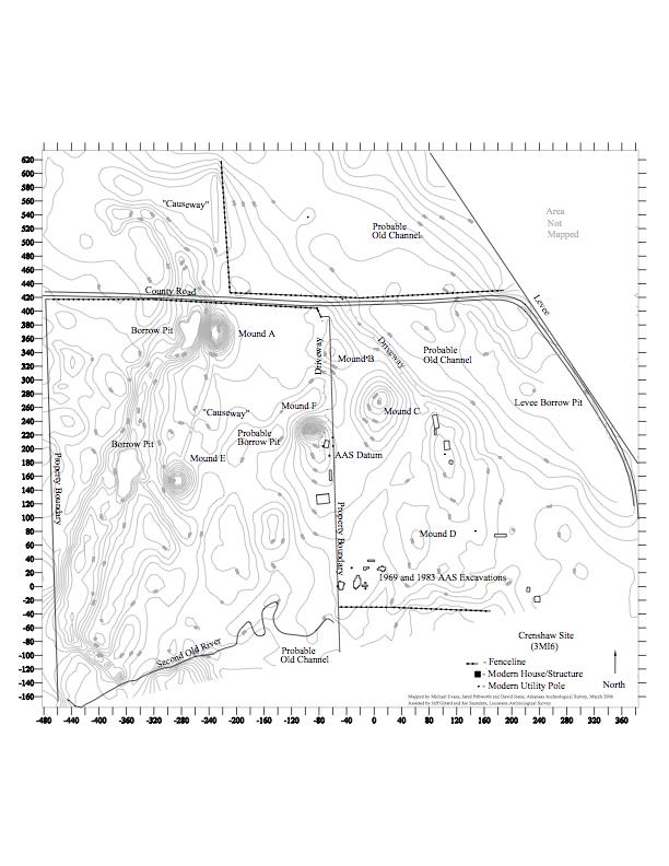 3 for at least 550 years. The most extensive occupation of the site was during the late Fourche Maline period. Figure 2. Map of the Crenshaw site.