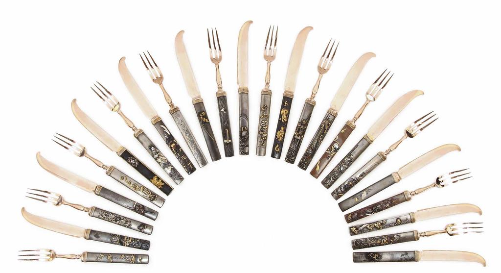 www.alvr.com Fabergé Dessert Set by workmaster Julius Rappoport, c.1890, in silver, copper, and gold. This set of fruit and cheese cutlery illustrates Fabergé s fondness for Japonisme.
