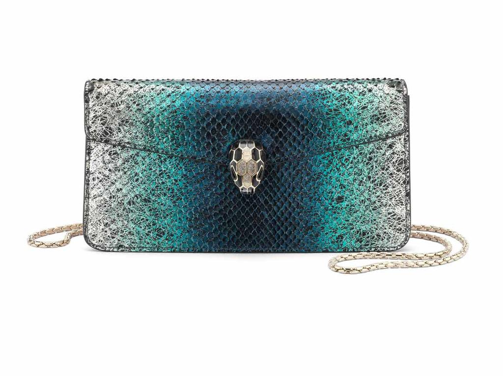 com Serpenti Forever Shoulder Bag with royal sapphire Mermaid python skin, brass light gold plated tempting head