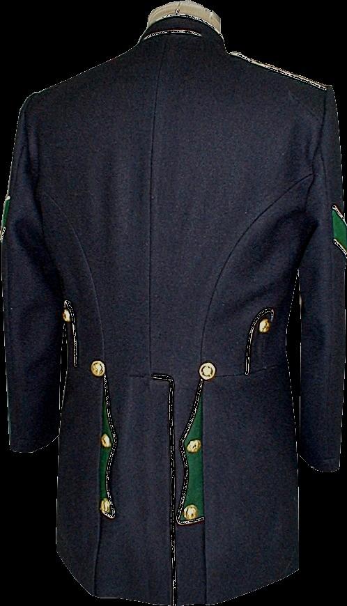 The M-1872 Enlisted Foot Dress Coat for Infantry, Heavy Artillery, Ordnance and Hospital Steward is shown above in the Infantry and Ordnance versions. Engineers had Scarlet facings with White Piping.