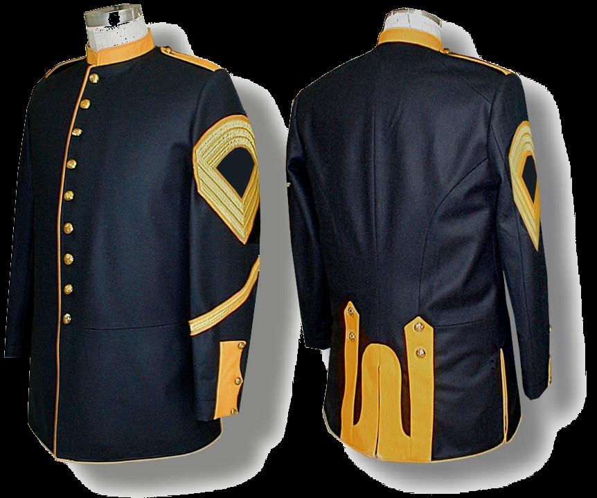 Page 14 1885 1889 Enlisted Dress Coats- Mounted #8520A with optional Sergeant chevrons. Note solid color collar. #8520C with optional First Sergeant chevrons. Note use of 1872 Yellow trim color.