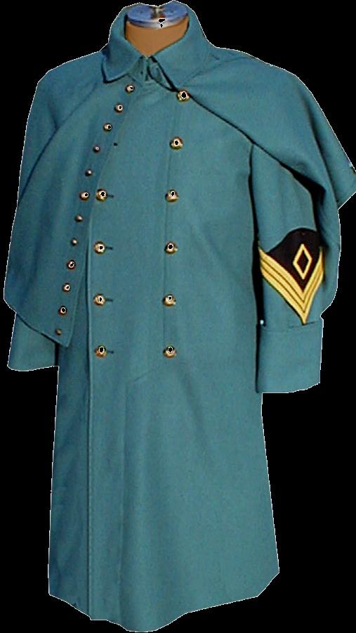 In 1880, the Cape was finally lined with the branch of service color. The collar is a little lower and the front stitching varies slightly.