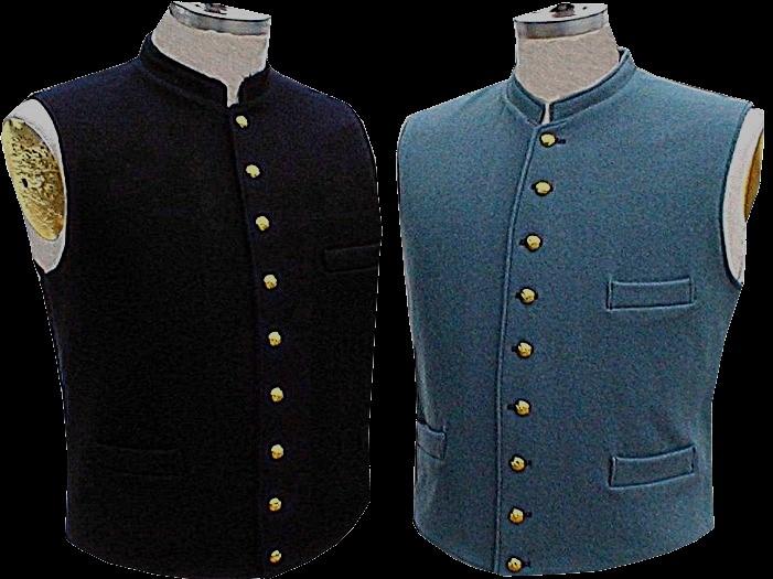 Vest has a small standing collar with three exterior pockets. Nine small brass US General Service Eagle buttons are supplied loose ready for you to sew on.