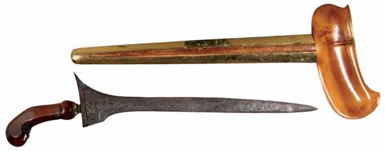 $800 3967* Javanese Keris blade, with straight 34cm blade, forged from iron and nickel to show a pattern when forged, the ganja at the top of the