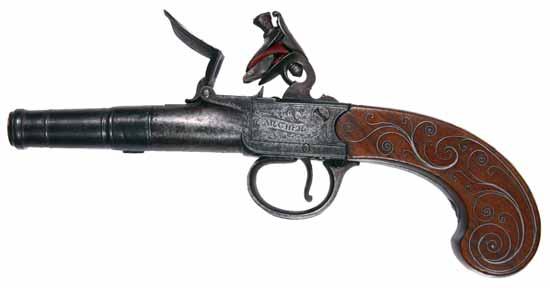 3990* Flintlock box lock pistol, by William Archer, 50 bore 2" screw off Queen Anne style barrel, trigger guard sliding safety, smooth bore, silver wire inlay on both sides and top of grip.