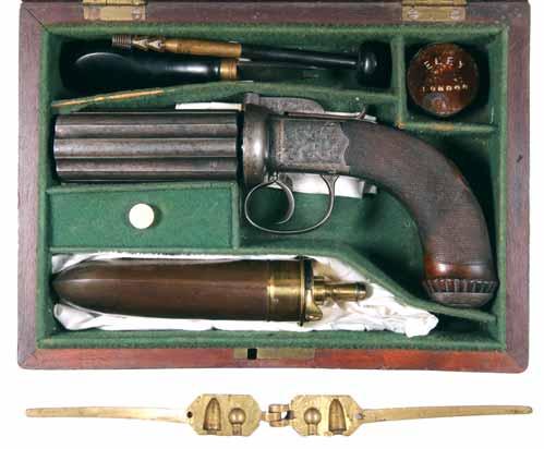3997* Cased pepperbox pistol, 80 bore barrel, cleaning rod, bullet mould, original ELEY London cap tin, tools for stripping the gun, spare cap nipple for the gun, 7 shot, revolving barrel 9.