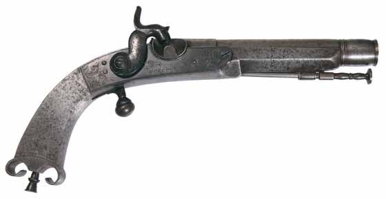 3999* Scottish Murdoch percussion pistol, Thomas Murdoch, Leith, Scotland, circa 1810, part octagonal barrel guard, ball shaped trigger, tapered pricker for cleaning percussion nipple.