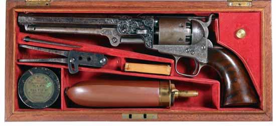 Rare Cased 1851 Colt Navy Percussion Revolver Certified by London Proof House 4005* Cased Colt Navy percussion revolver, S/N 19084 (all numbers matching), 1851,.36cal (9mm), 7.