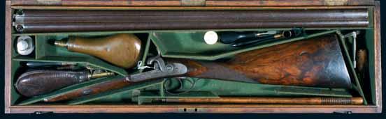 4014* Cased double barrelled percussion shotgun, by John Manton & Son (gun makers to the royal family [to his Royal Highness Prince Albert] London), (double Damascus steel barrel) 19.5" 13 bore (18.