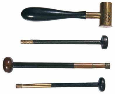 (3) $250 4060* Ebony cleaning rods and powder measure, ebony handles, adjustable powder measure in drams and grains, powder measure cup bottom impressed with 'James Dixon & Sons 1108'.