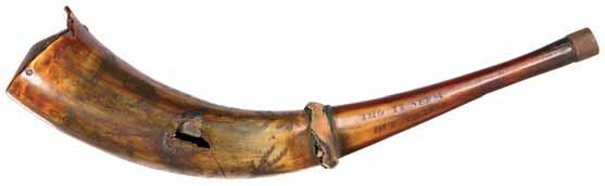 $3,000 4082* Scrimshaw powder horn, circa 1803, carved into horn is a pineapple bush, a Thylacine (Tasmanian Tiger), a leaping kangaroo, platypus, a woman facing left, a soldier supervising a convict
