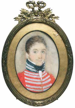 part 4085* Framed early 19th century miniatures, painting of soldier in oval gilt frame with glass window, fold out stand,