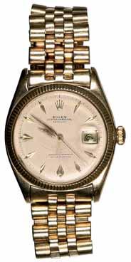 $500 4164* Gent's wristwatch, Rolex, Oyster Perpetual, Datejust, c1970s, Superlative Chronometer, Officially Certified, gold case (probably 14ct) (40x35x10mm), cream metal dial (crazed) with date at