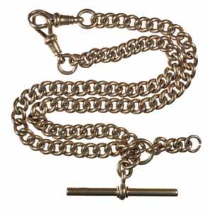 4190* Antique gold watch fob chain, curb link (15ct, 52.6g, 37cm), with 'T' bar and an additional 2cm of links. Good very fine. $1,500 4191* Antique gold watch fob chain, curb link (9ct, 33.5g, 41.