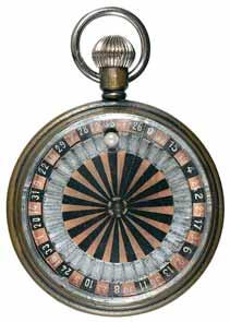 4209* Antique roulette wheel, c1900, in pocket watch form (50mm), brass casing, once silver plated but now worn, top winding mechanism spins wheel and ball,