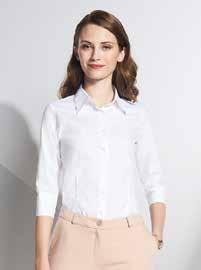 SHIRTS & KNITWEAR 17010 EFFECT Poplin stretch 97% cotton - 3% elastane Weight: 140 gsm Trendy & feminine Fitted cut Single-button collar Tone on tone 7 button placket 3/4 sleeves with slit cuffs