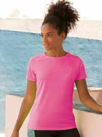 polyester for excellent moisture wicking and quick dry performance Sporty raglan sleeves with coverstitch detail to seams Shaped side seams for a feminine fit Printed back neck label for comfort Self