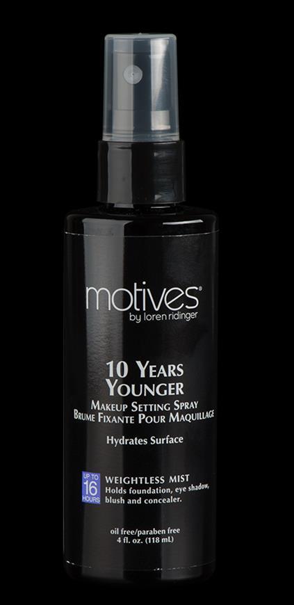 Motives 10 Years Younger Makeup setting spray helps reduce makeup slippage into pores, lines, wrinkles or scars Helps keep makeup looking flawless day and night Fewer