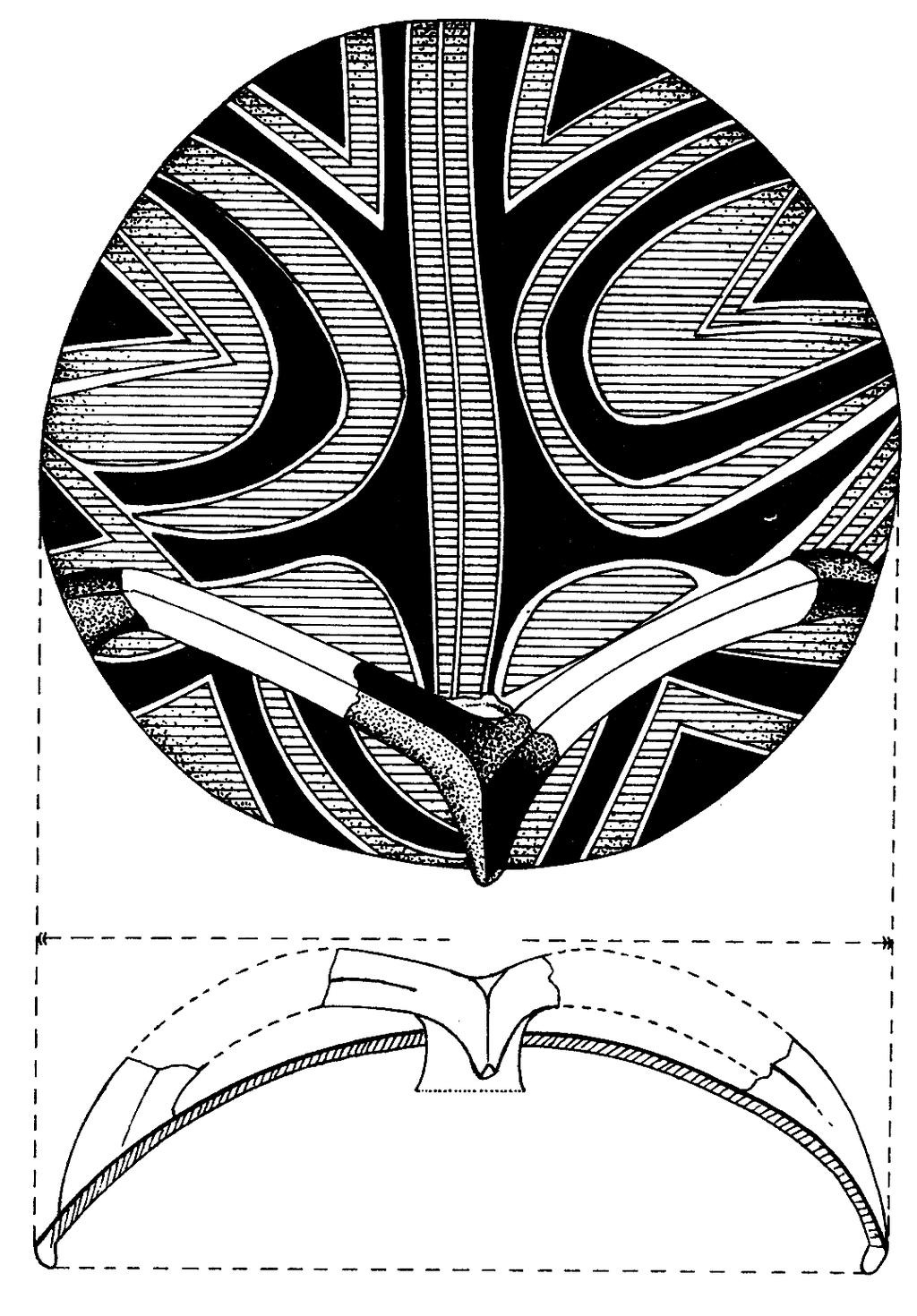 Fig. VIIB.37. The symbolic design of the opened ram horns, according to type AD, informs a handle on a Gumelniţa lid from the eponymous site (after Marija Gimbutas 1989, p. 76, fig. 119).