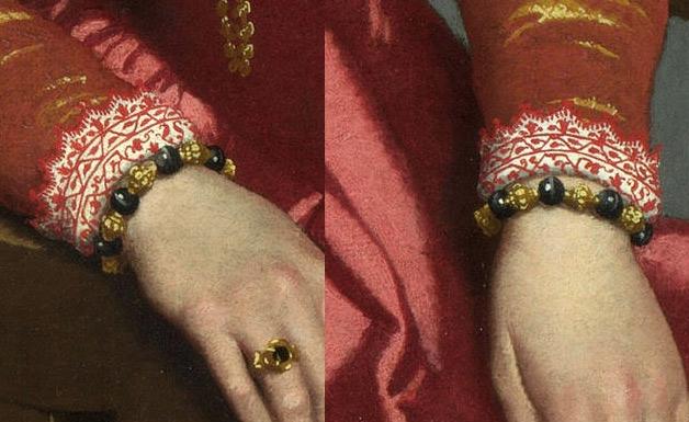 Bracelets Figure 6.1 La Dama in Rosso, bracelet detail I was very lucky to find gold colored beads that resembled those in the painting so closely.