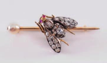 292 A ruby, diamond and pearl insect bar brooch the thorax, abdomen and wings paveset with