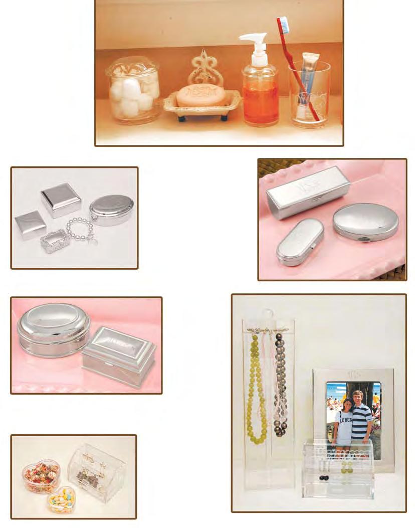 GA185 Round cotton ball holder $25 GA184 Round soap dispenser $15 GA186 Round tumbler/toothbrush holder $10 More engraved soap can be seen on pages 62 63. G55 Small 2.5 Square Box $18 G63 Medium 3.