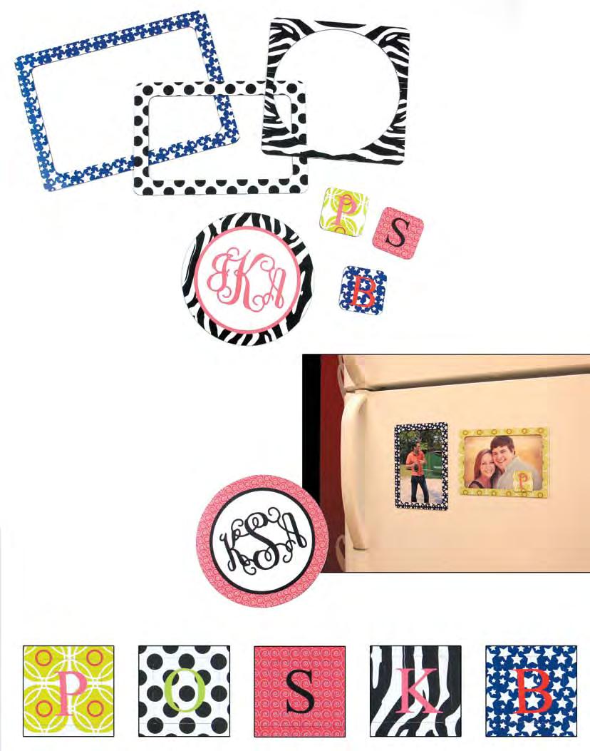 Each set includes: (3) picture frame magnets, (1) monogram magnet, and (3) single initial magnets all in the same pattern.