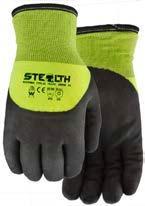 ergonomically formed, snug-fitting knit wrist TWO LAYER SEAMLESS KNIT SHELL WITH HEAVY NAPPED THERMAL INTERIOR, NFN (NEW FOAM NITRILE) 3/4 DIPPED COATING, BE SAFE, BE SEEN WITH HI-VIS YELLOW, KNIT