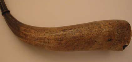 142. ENGRAVED POWDERHORN, SIGNED STEPHENS PARKS, circa 1746, King Georges War, engraved with Duke of Cumberland and various forms of wildlife including
