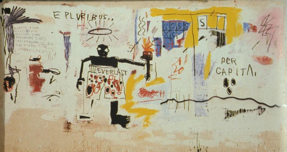 Basquiat used text and symbols to make comments about life in America. Some think the boxer symbolizes strength against odds.