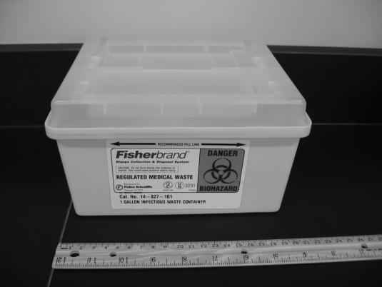 Sharps - Additionally, broken test tubes, slides, and other sharp objects should be disposed of in the small "sharps containers" - small (about 8 inches on a side) lidded boxes with a slit in