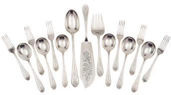 forks, six soup spoons, serving spoon, fish slice and fork, total weight of silver 1230gms, 39.54ozs.