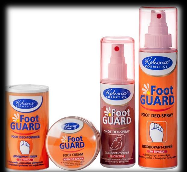 FOOT GUARD FOOT DEODORANT The deodorant spray prevents your feet from perspiration and gets rid of unpleasant odor. It has a deodorizing, disinfecting and cooling effect.