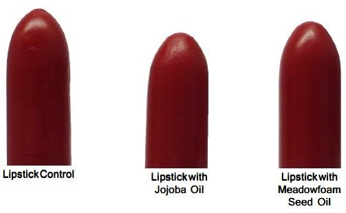 Formula 3: Lipstick Comparison In Figure 28, we can see lipsticks which were made using meadowfoam seed oil, jojoba oil or neither oil. The lipstick with jojoba oil yielded a slightly harder stick.