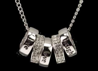 PLATINUM PLATED SENTIMENT NECKLACES 49760 Platinum Plated 5 rings necklace Live Love Laugh OUT