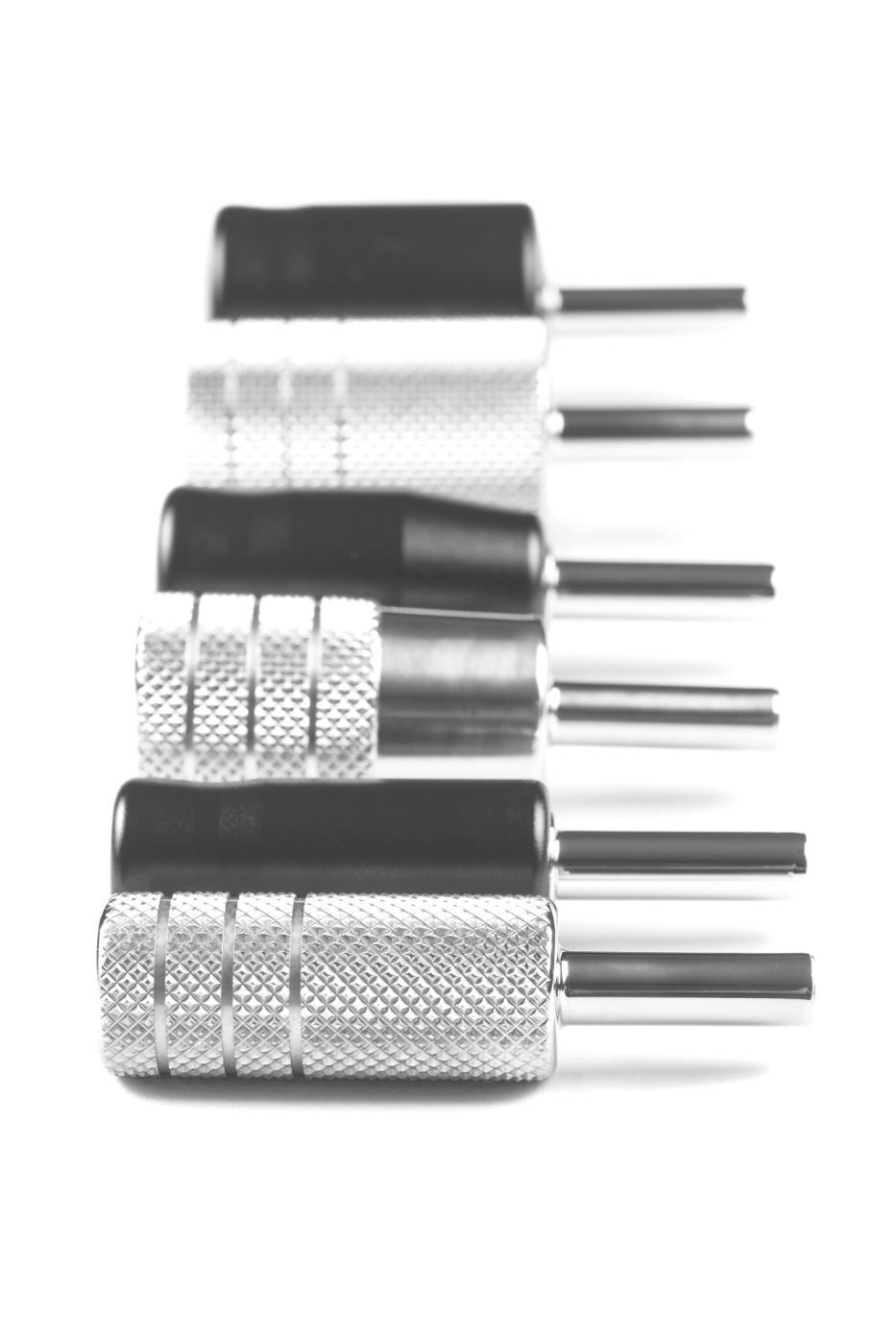 T-Tech uses medical grade stainless steel for all of its cartridge grips. The colored grips have an aluminum coating and currently come in black color only.