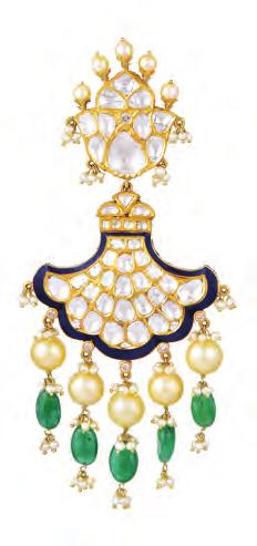 suspend fan-shaped polki-set motifs bordered with blue enamel and a stylish fringe of emerald and pearl beads.