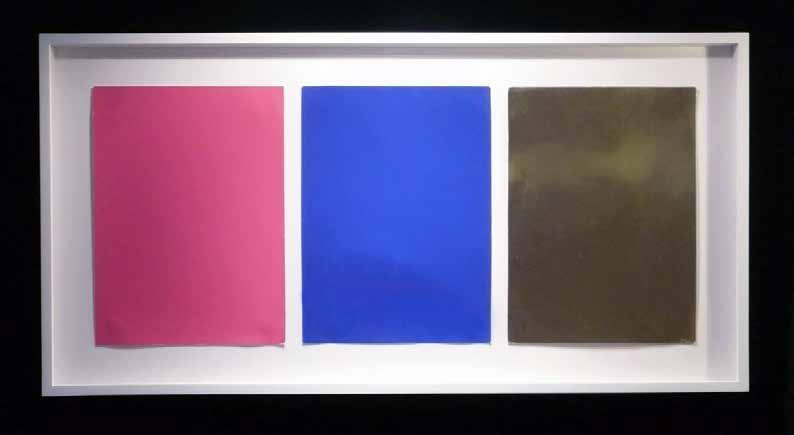 Below is an example of a stamp as used by Klein s close friend, art critic Pierre Restany (not included in the collection): Monochrome und Feuer, 1961 Yves Klein Color silkscreens on cardboard; gold