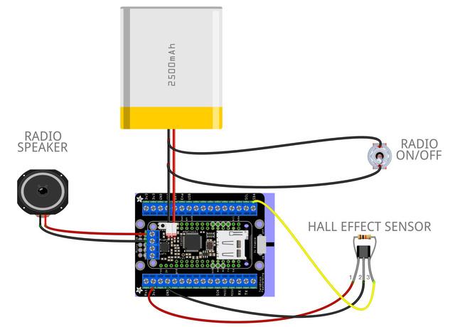 sensor (the smaller face) toward you, and goes into the power (red) wire.