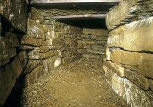 The OC type, of which there are about 60 in Orkney, is characterised by having Side cell at Wideford Hill cairn upright stalls set into the side walls, shelves at one or both ends as well as