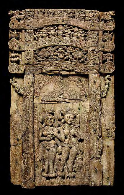 Image 7 Large decorative plaque with women under a gateway, 1 200 c e. Afghanistan; Begram, Room 13. Ivory. National Museum of Afghanistan. What subjects are represented here?