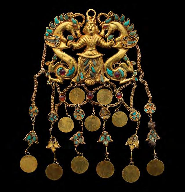 Image 17 One of a pair of pendants showing the Dragon Master, 100 b c e 100 c e. Afghanistan; Tillya Tepe, Tomb 3. Gold, turquoise, garnet, lapis lazuli, carnelian, pearls.