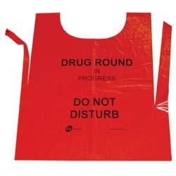 BTB000 Manufacturers Product Code: TAB/R/DR Red Polythene Drug Round Tabard (21 x 24 / 30mu) black print Drug Round in Progress. One size fits all.