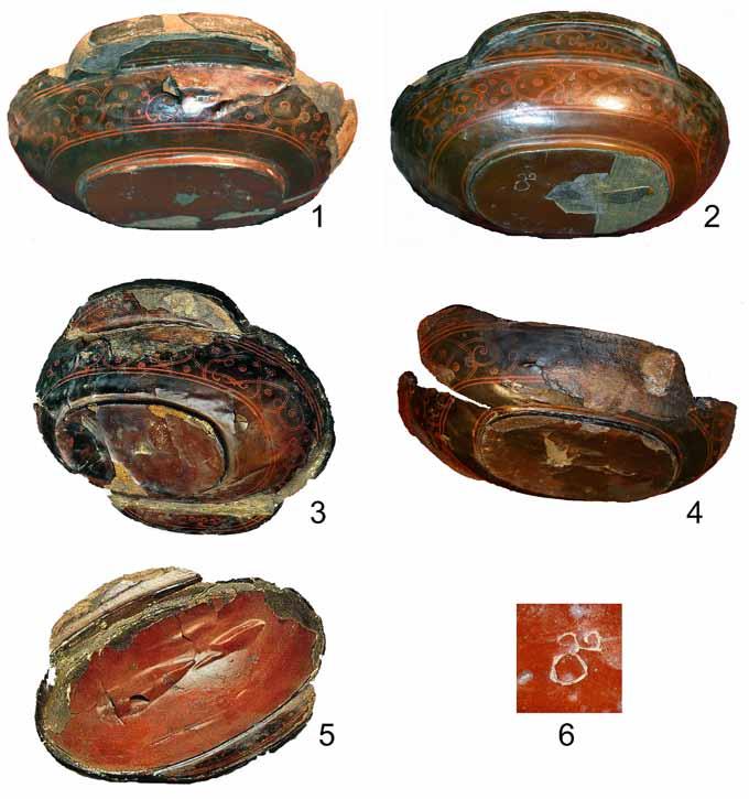 Fig. 4. Lacquered cups from Barrow 23: 1,2,4 - Hermitage Inv. MR-2303, 2302 and 2304. 3 - National Museum of Mongolian History, unnumbered; 5. Interior of 3; 6. Tamgha on underside of 2302.