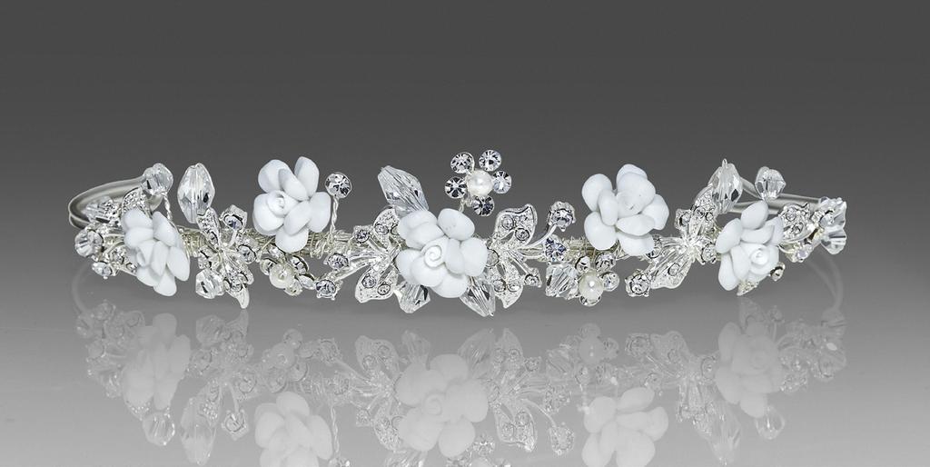 #2232 Darling headpiece with diamond white porcelain flowers,