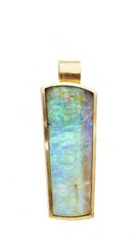 34 Lyon & Turnbull 174 An modern opal set pendant of rectangular outline, the opal collet set to a brushed metal mount, stamped 750, to a 18ct gold box link chain Length of pendant including bale: