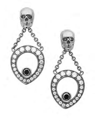 diamond set pendant earrings each composed of an oxidized black skull, suspending an open pear shape drop suspended from belcher links, set with graduated round brilliant cut diamonds, and a single
