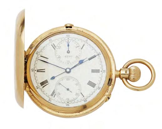 44 Lyon & Turnbull Pocket Watches 212 ARMY & NAVY CO-OPERATIVE STORES LONDON - An 18ct gold hunter cased pocket watch plain case, white dial with Roman numerals, split seconds indicators, seconds