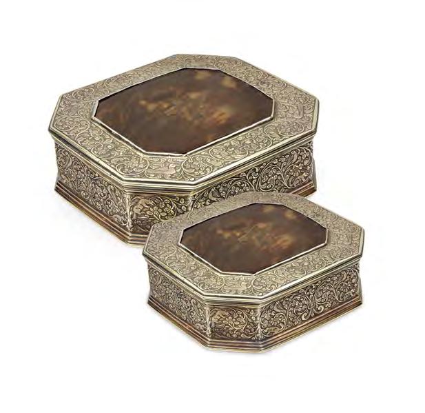 5cm, weight: 78g 250-350 255 Two silver gilt 18th century Colonial Portuguese boxes apparently unmarked, the canted rectangular box, hinged cover with inset tortoiseshell panels, the borders and